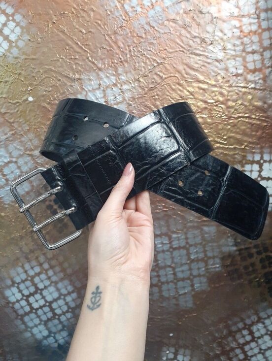 Zara Accessories - Zara Black Croc-Embossed Wide Leather Belt with Double-Prong Buckle